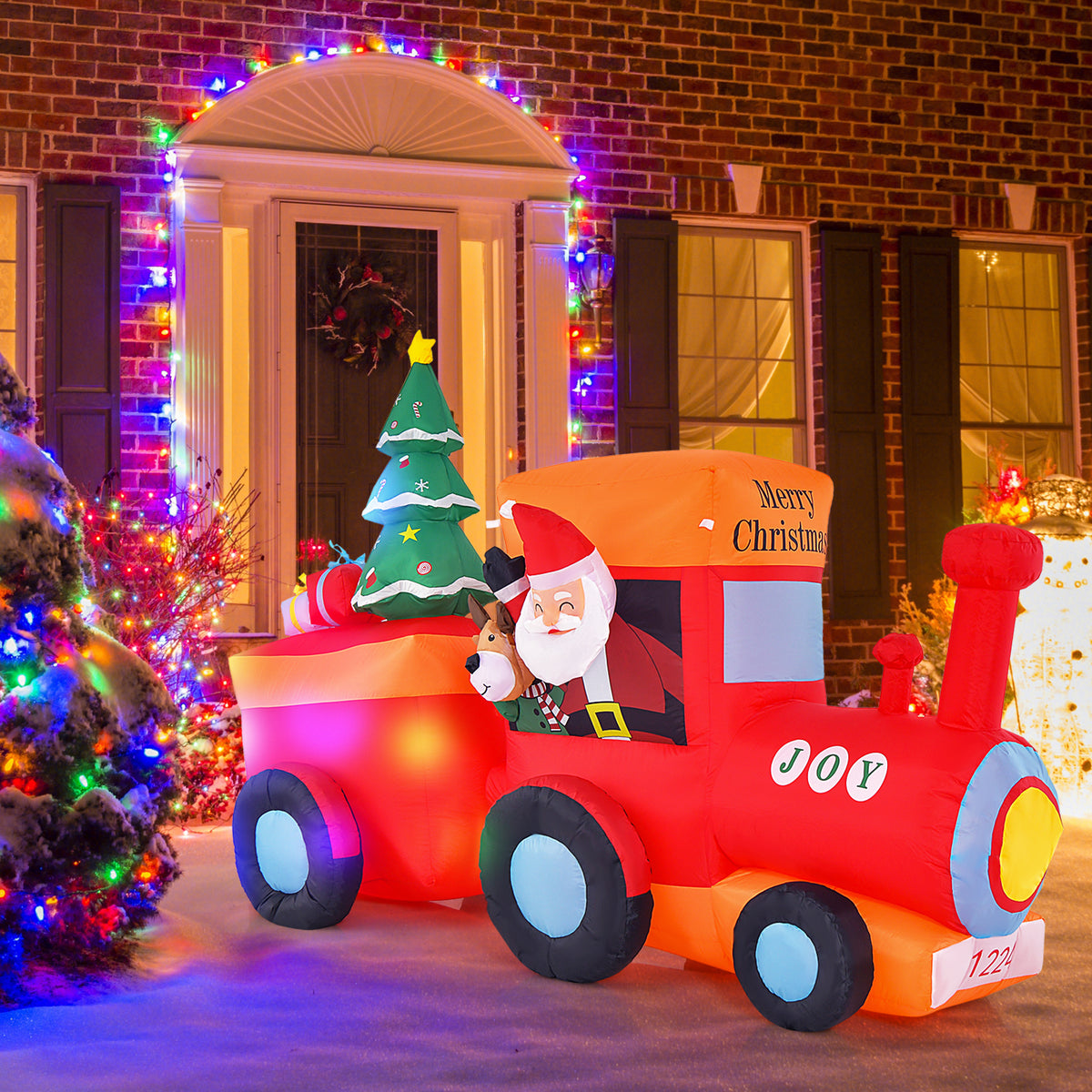 8.5FT Christmas Inflatable Train Decoration, Lighted Christmas Train with Santa Claus