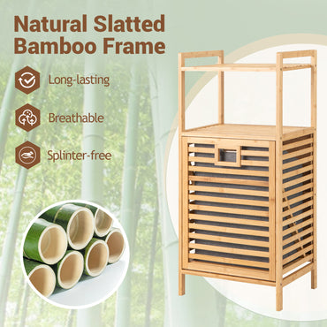 Tilt-out Laundry Hamper with 2-Tier Shelves, Bamboo Laundry Baskets Organizer with Removable & Foldable Fabric Liner