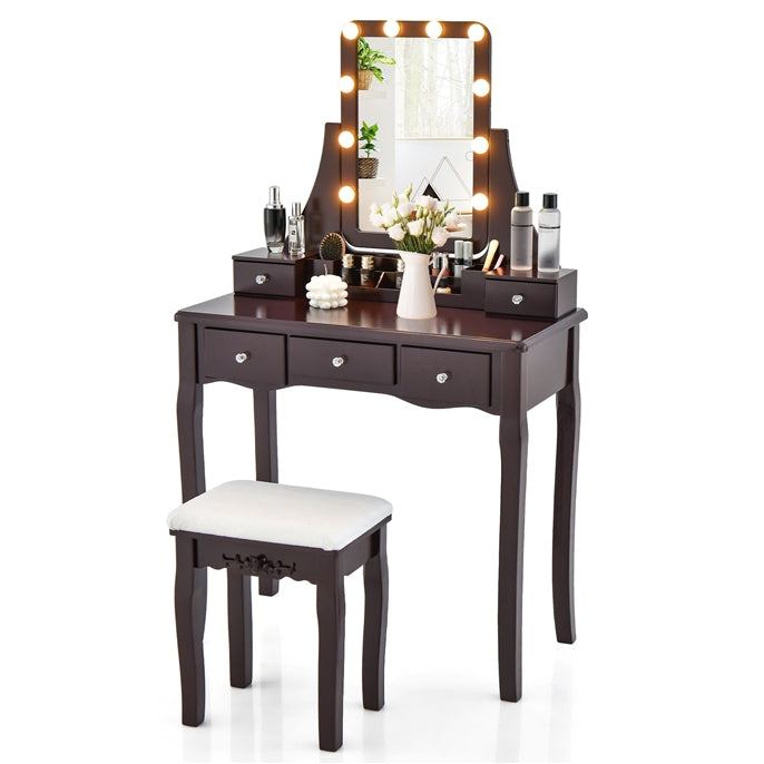 Vanity Table Set with Lighted Rotatable Mirror, Makeup Table with 3-Color Lights