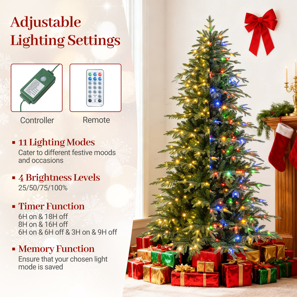 6FT/7.5FT/8FT Pre-lit Artificial Christmas Tree, Hinged Xmas Tree with 1195 Branch Tips