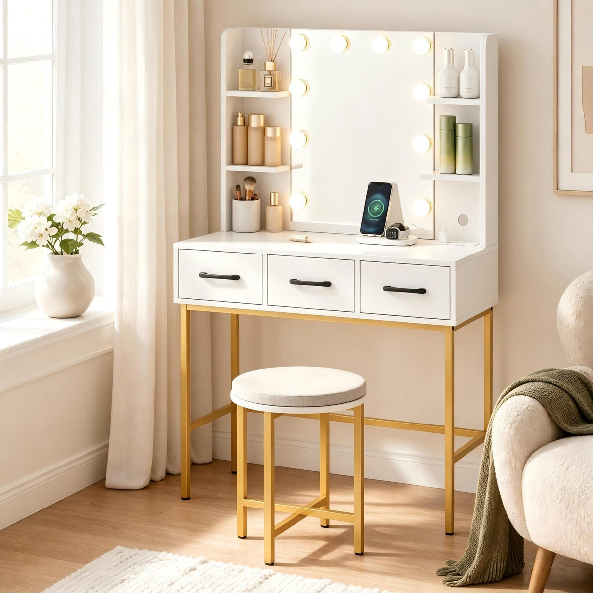 Vanity Desk with Lights & Charging Station, White & Gold Makeup Vanity with Chair