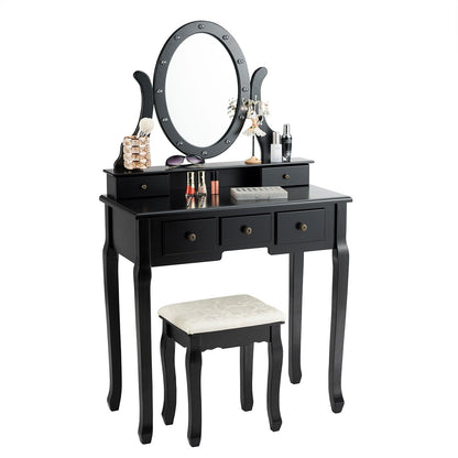 Vanity Set with 360° Rotating Oval Makeup Mirror, Dressing Table & Cushioned Stool Set with 5 Sliding Drawers & 12 LED Lights
