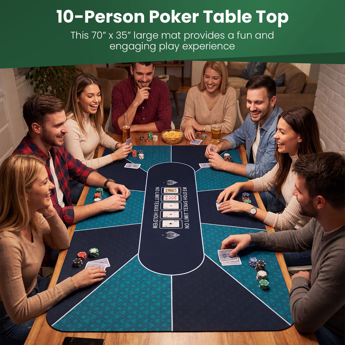 70 x 35 Inch Poker Table Mat for 10 Players, Portable Texas Hold’em Poker Table Top with Non-slip Rubber Backing