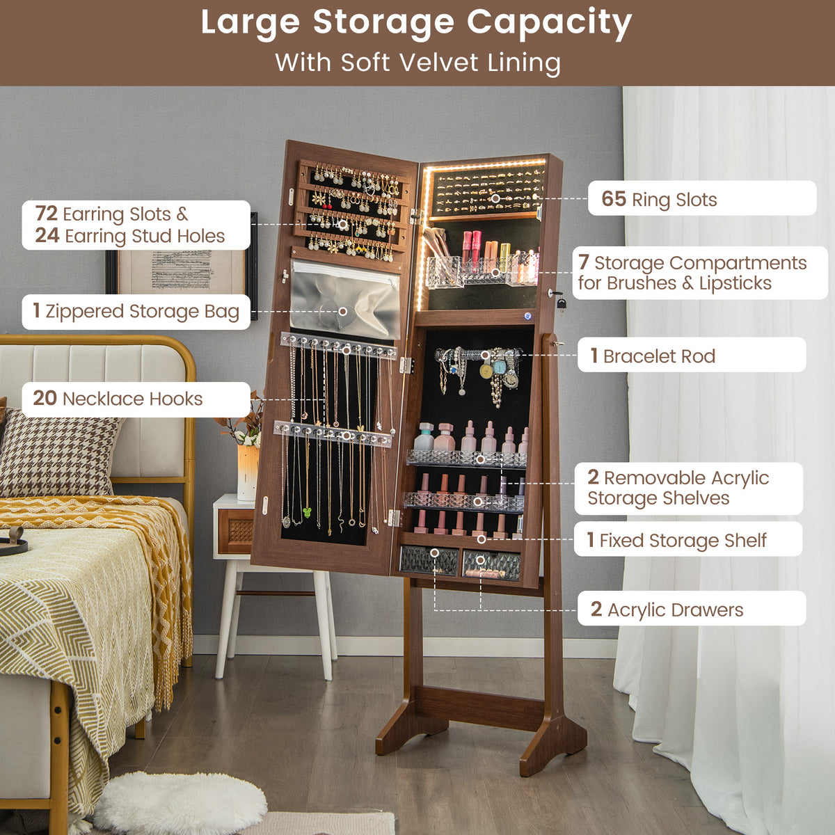 Jewelry Cabinet Armoire with Full Length Mirror, Freestanding Jewelry Cabinet with 3-Color LED Lights