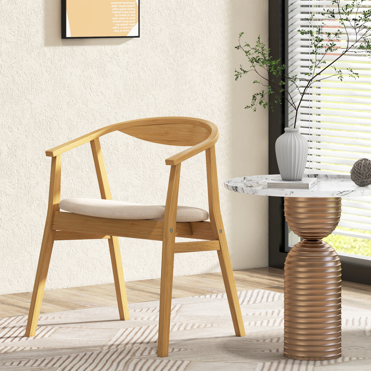 Bamboo Accent Chair, Mid-Century Modern Armchair with Padded Seat, Curved Backrest and Wrap-Around Armrest