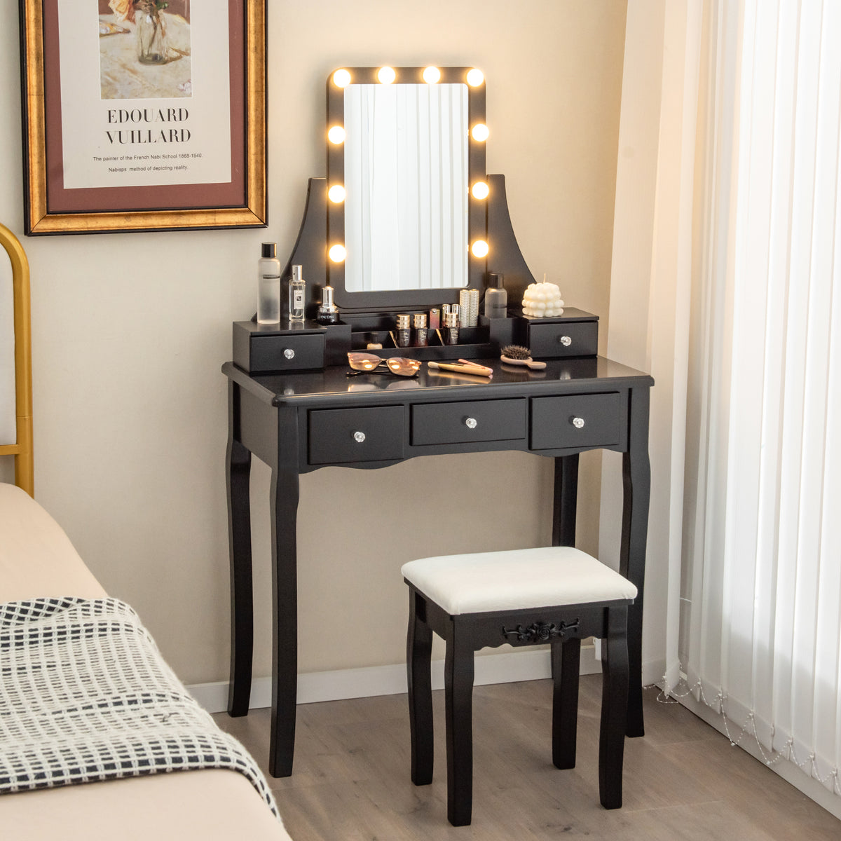 Vanity Table Set with Lighted Rotatable Mirror, Makeup Table with 3-Color Lights