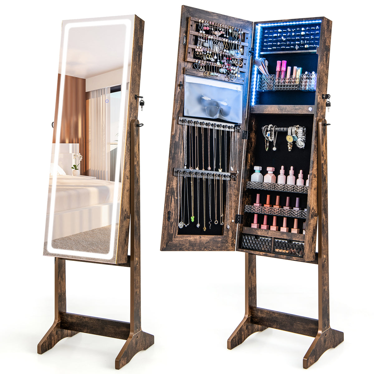 Jewelry Cabinet Armoire with Full Length Mirror, Freestanding Jewelry Cabinet with 3-Color LED Lights