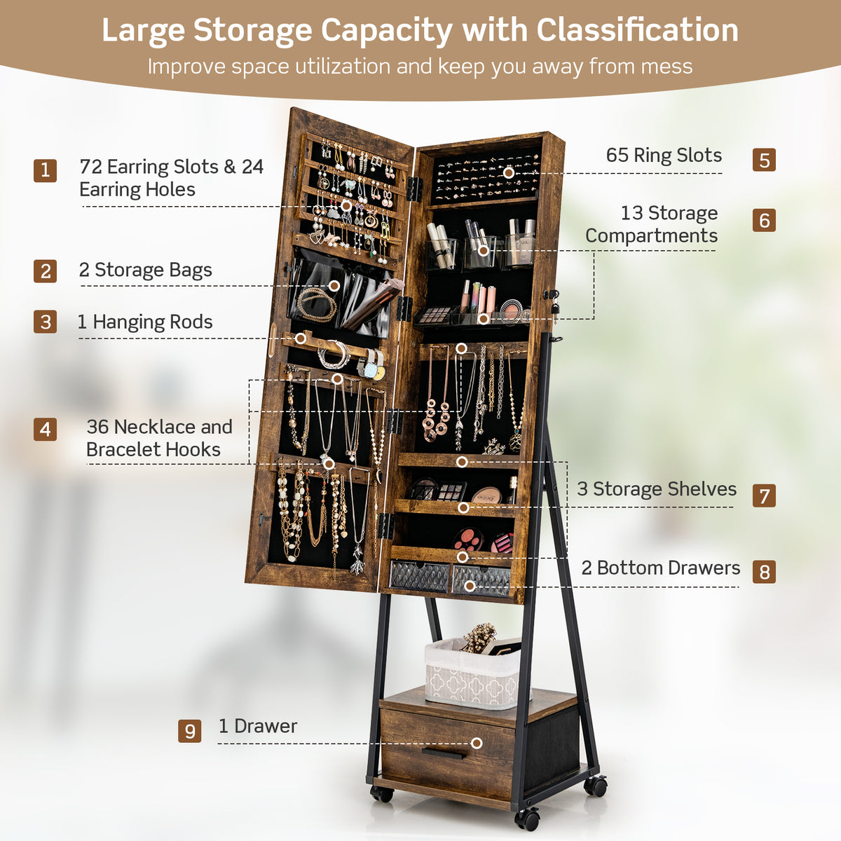 Rolling Jewelry Armoire Cabinet, Full Length Mirror with Storage, Floor Standing Lockable Jewelry Cabinet with Wheels
