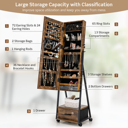 Rolling Jewelry Armoire Cabinet, Full Length Mirror with Storage, Floor Standing Lockable Jewelry Cabinet with Wheels