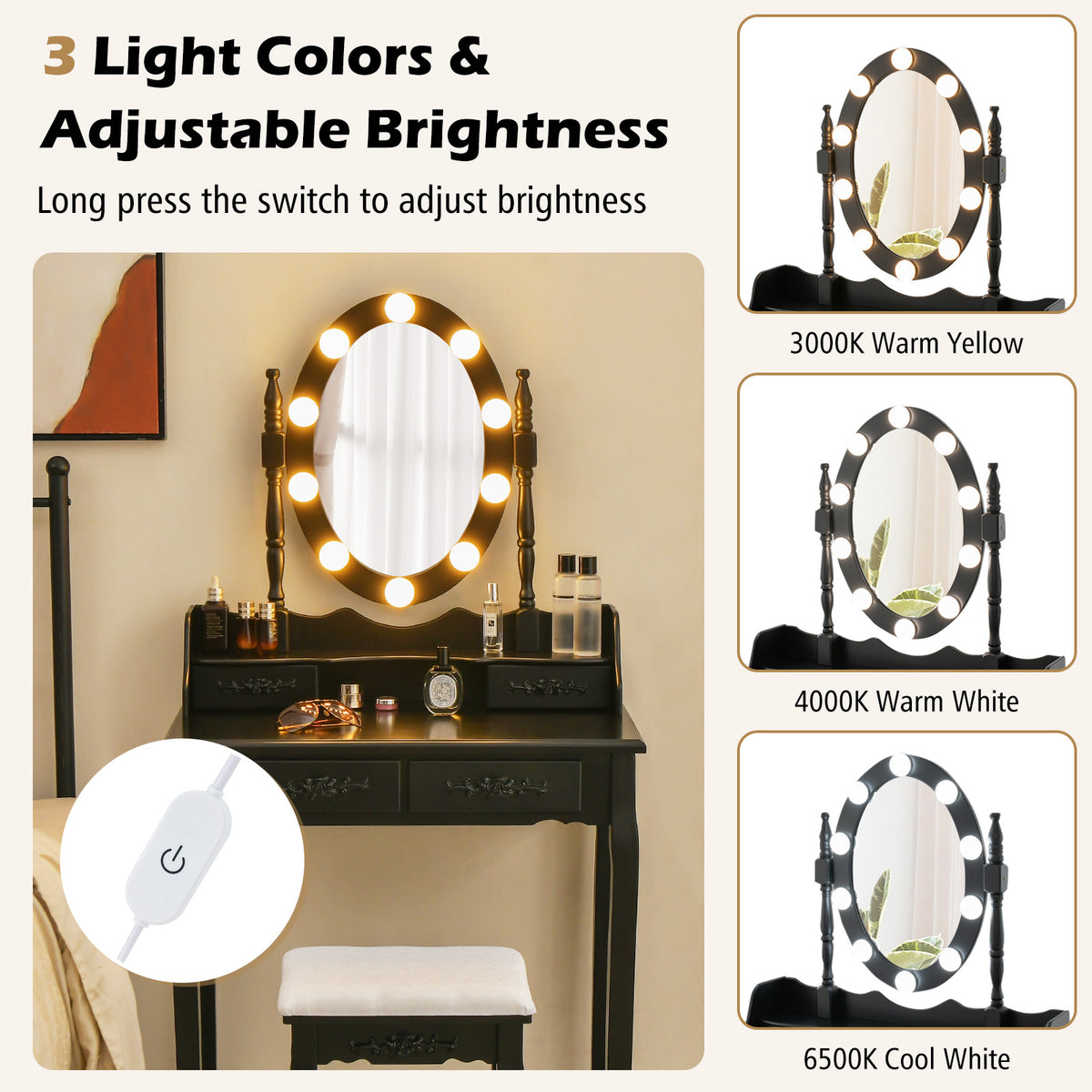 Vanity Table Set with Lighted Rotatable Mirror, Dressing Table with 3-Color Lights & Adjustable Brightness