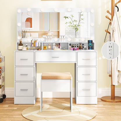 Makeup Vanity Set with Mirror and Lights, Large Dressing Table Set with Charging Station