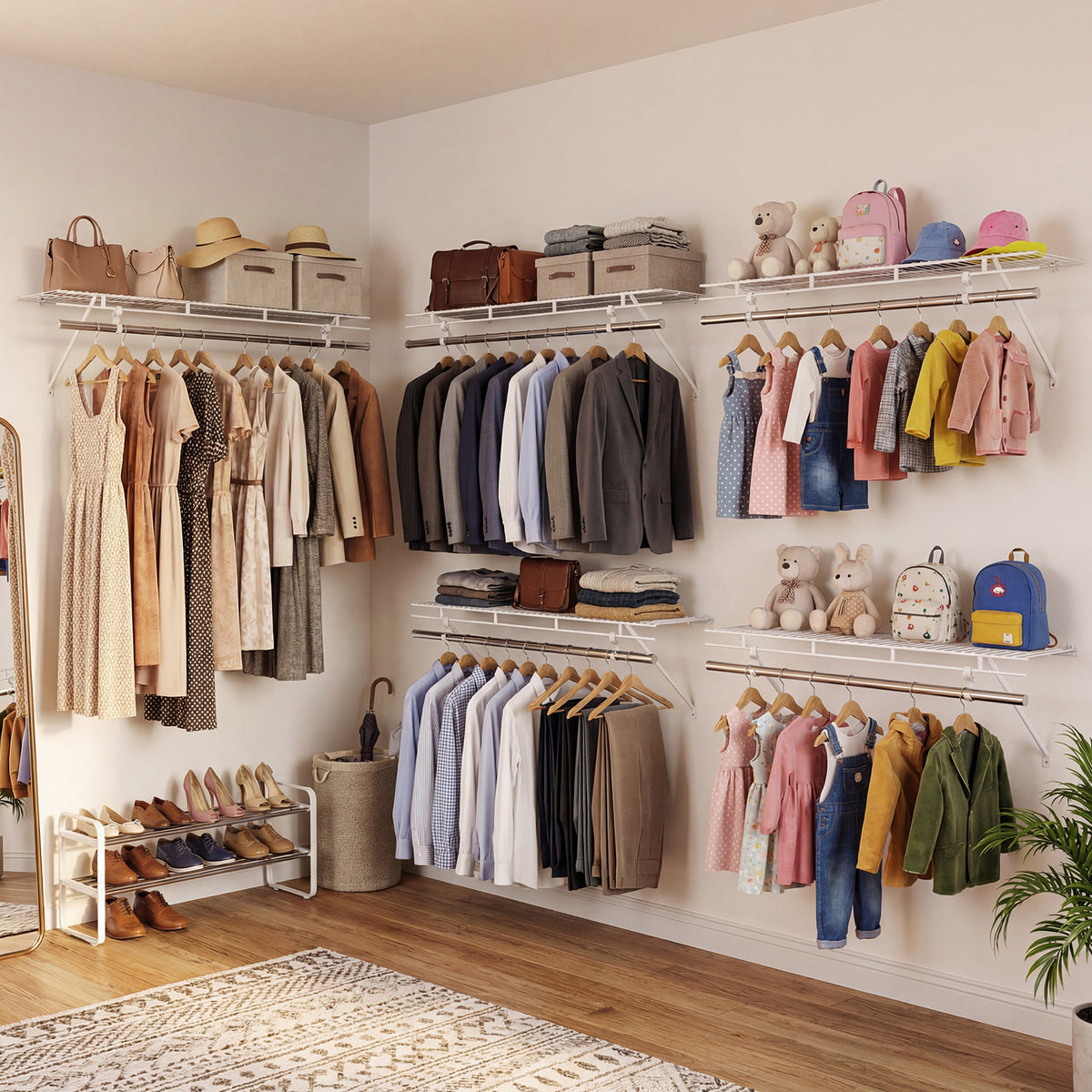 Wall Mounted Closet Shelf with Hanging Rod, 4 ft x 12” Metal Wire Storage Shelf & Clothes Rod Organizer