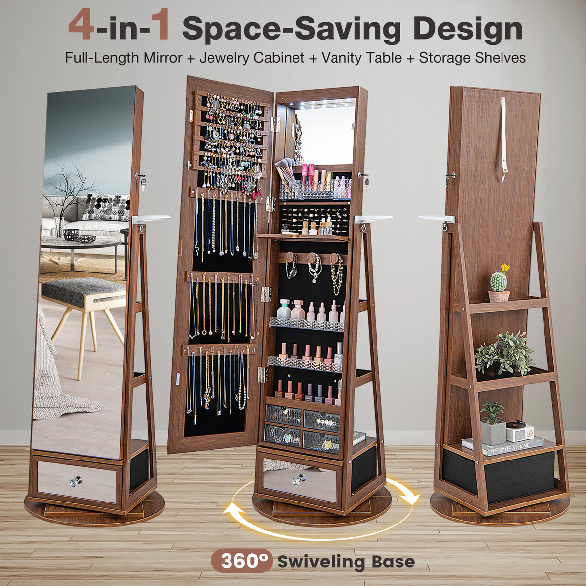 360 Rotating Jewelry Cabinet with Full Length Mirror, Standing LED Jewelry Armoire