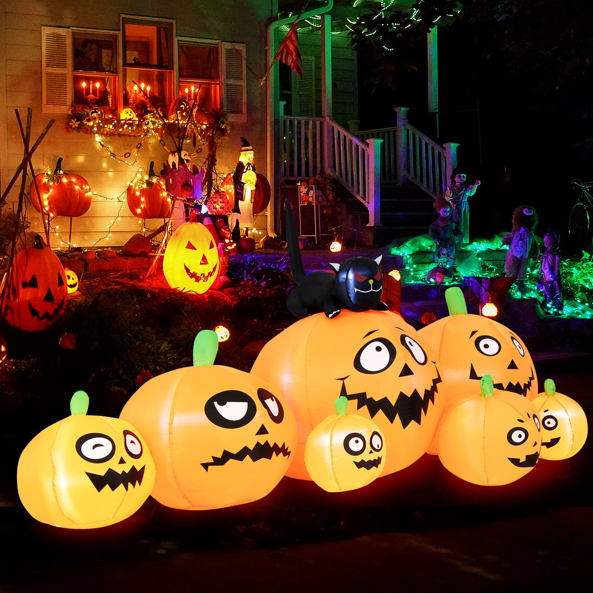 8FT Long Halloween Inflatable Pumpkin, 4 Pumpkins Patch Halloween Decoration with Black Cat and Built-in LED Lights