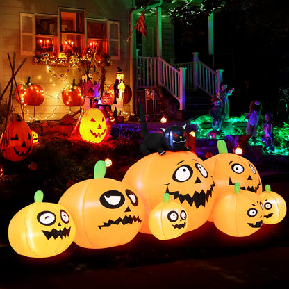8FT Long Halloween Inflatable Pumpkin, 4 Pumpkins Patch Halloween Decoration with Black Cat and Built-in LED Lights
