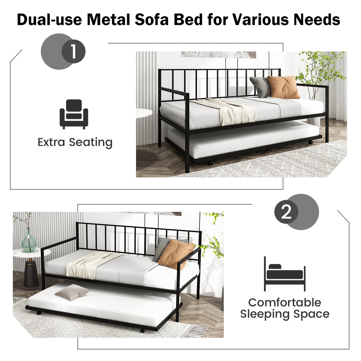 Daybed with Trundle Twin Size, Space-Saving Sofa Bed Frame with Rolling Pull-Out Bed