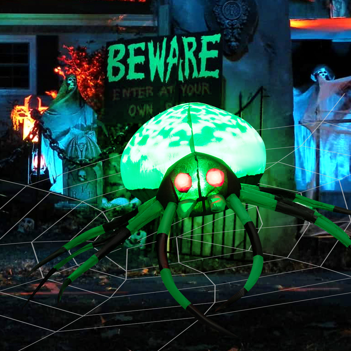 Halloween Inflatable Spider with Web, 5FT Blow Up Yard Decoration with Colorful Magic Light
