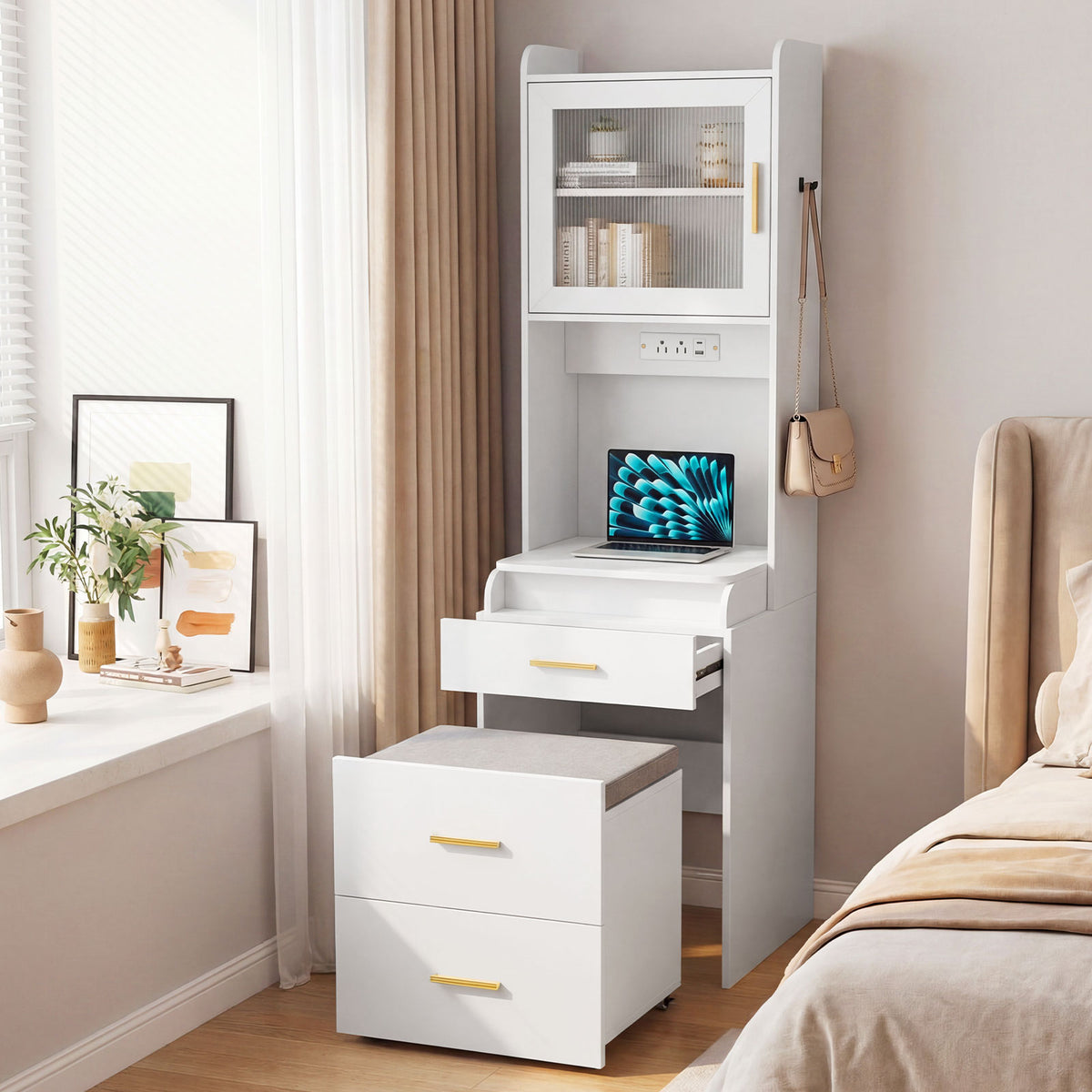 3-in-1 Vanity Desk with Flip Top Mirror, Hidden Rolling Chair, Charging Station