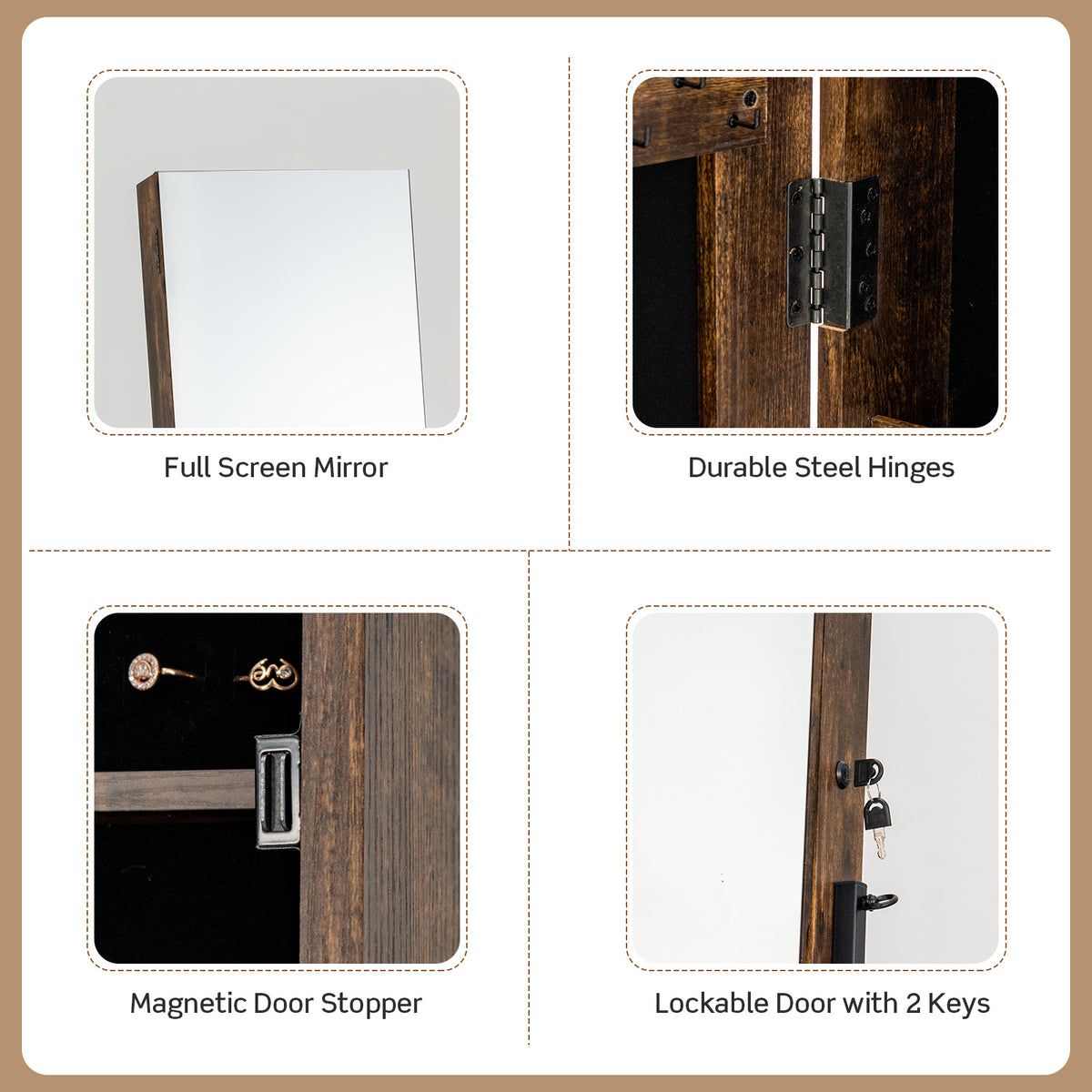 Rolling Jewelry Armoire Cabinet, Full Length Mirror with Storage, Floor Standing Lockable Jewelry Cabinet with Wheels