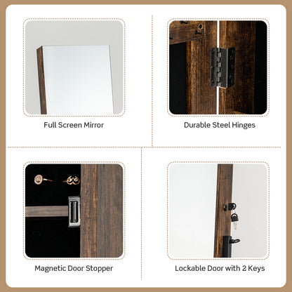 Rolling Jewelry Armoire Cabinet, Full Length Mirror with Storage, Floor Standing Lockable Jewelry Cabinet with Wheels