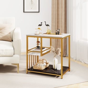 Faux Marble End Table, 3-Tier Sofa Side Table with Storage Shelves, Golden Polished Steel Frame