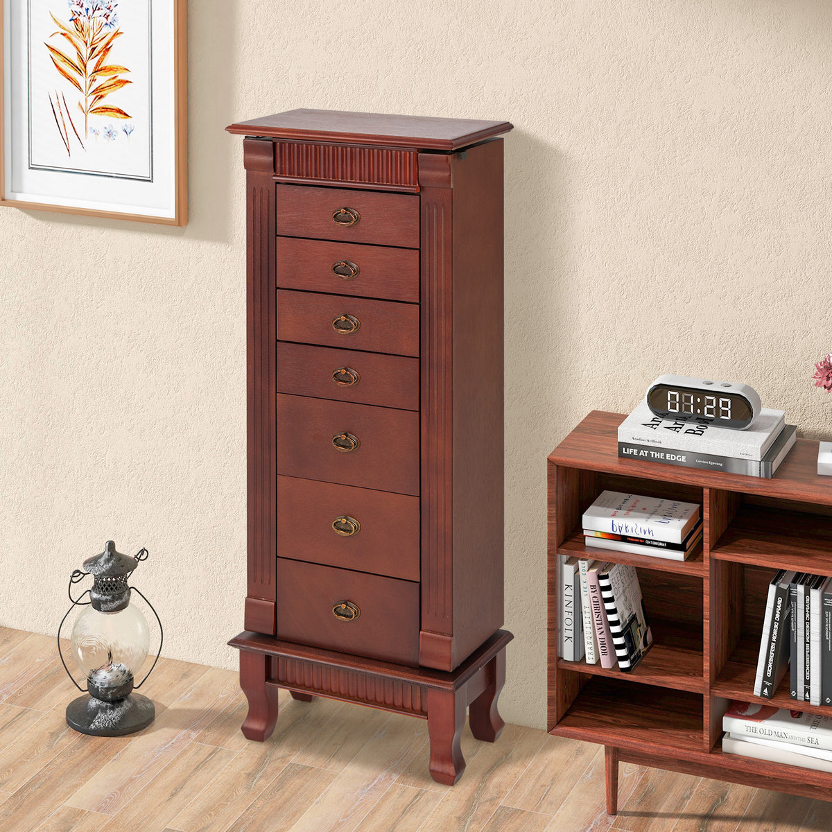 Jewelry Cabinet Armoire, Standing Jewelry Storage Organizer with Flip Top Makeup Mirror & 7 Drawers