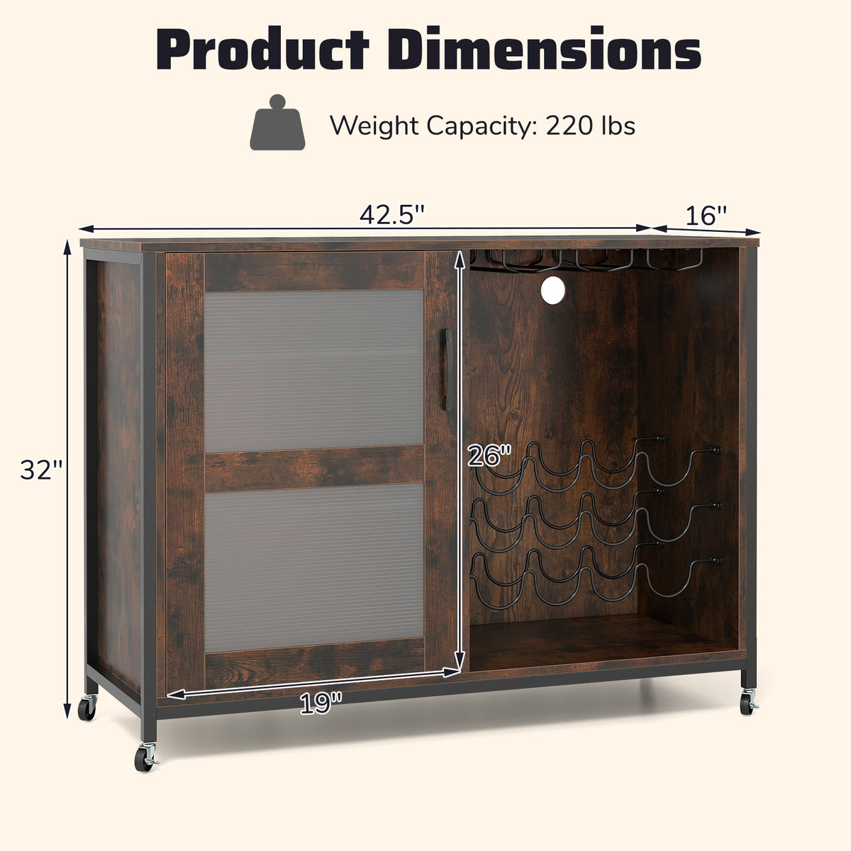 Wine Bar Cabinet with Wheels and LED Lights, Industrial Coffee Bar Cabinet for Liquor