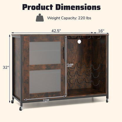Wine Bar Cabinet with Wheels and LED Lights, Industrial Coffee Bar Cabinet for Liquor