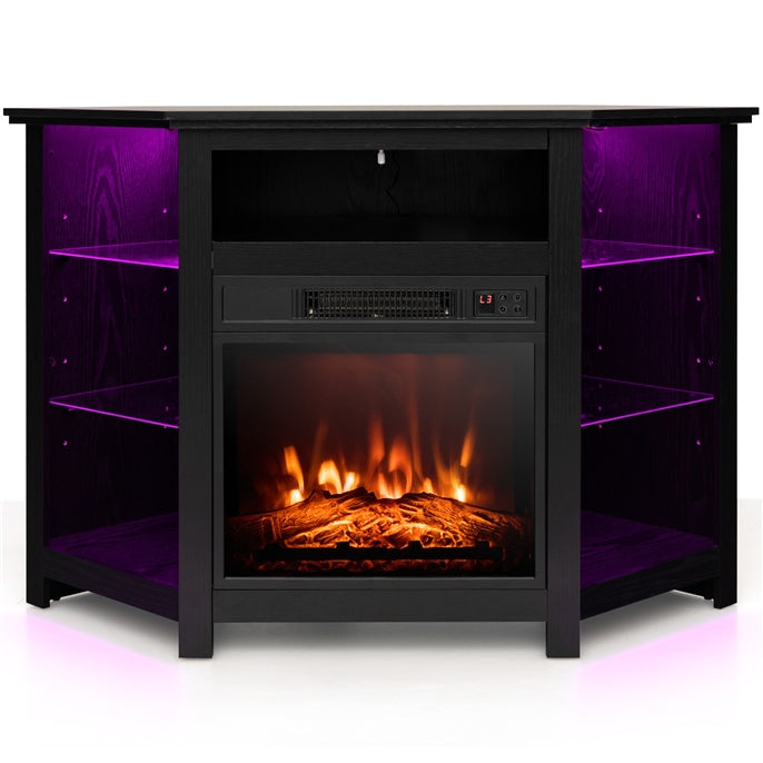 Corner Fireplace TV Stand with LED Lights for TVs up to 50”, Modern Entertainment Center with Electric Fireplace