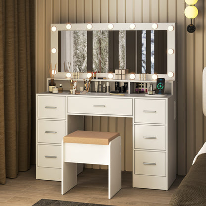 Makeup Vanity Set with Mirror and Lights, Large Dressing Table Set with Charging Station