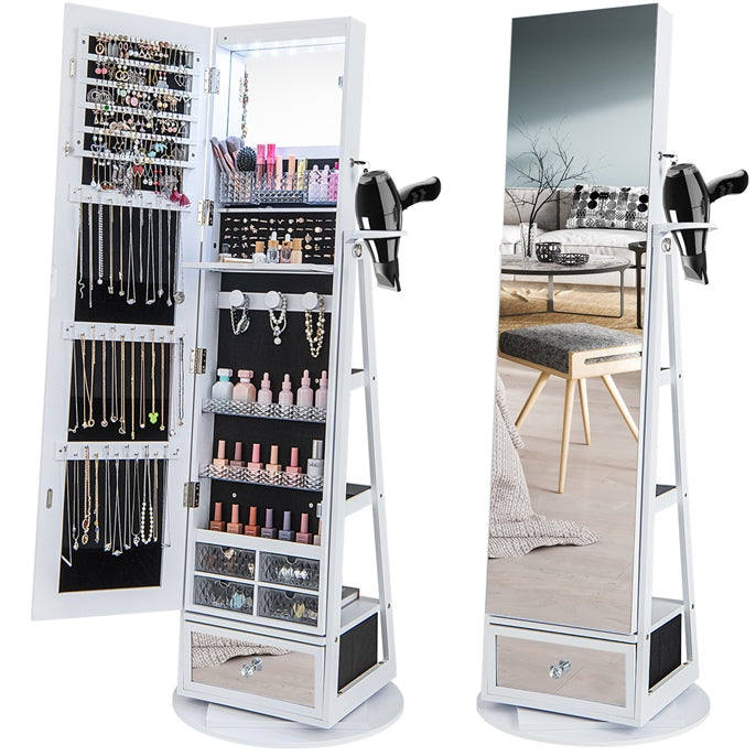 360 Rotating Jewelry Cabinet with Full Length Mirror, Standing LED Jewelry Armoire