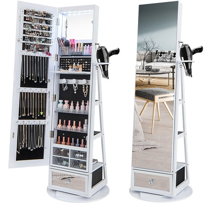 360 Rotating Jewelry Cabinet with Full Length Mirror, Standing LED Jewelry Armoire