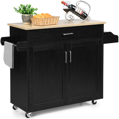 Goflame Kitchen Island, Rolling Kitchen Cart with Spice and Towel Rack, Large Drawer & 2-Door Storage Cabinet