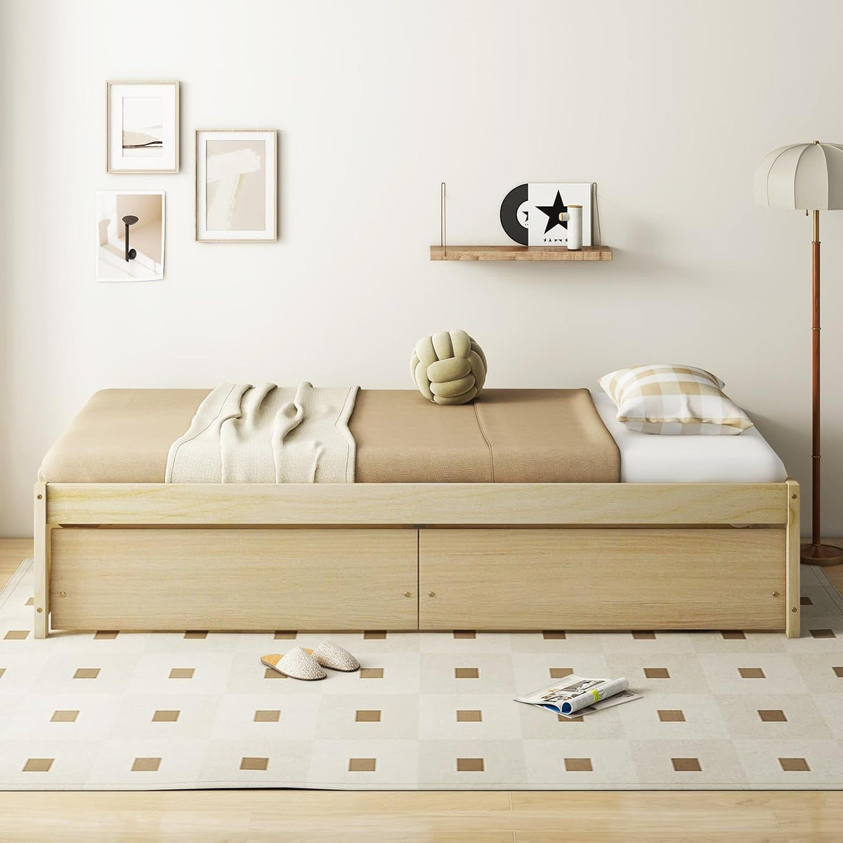 Goflame Queen/Full/Twin Size Bed Frame with 2 Storage Drawers, Solid Wood Platform Bed with Slats Support