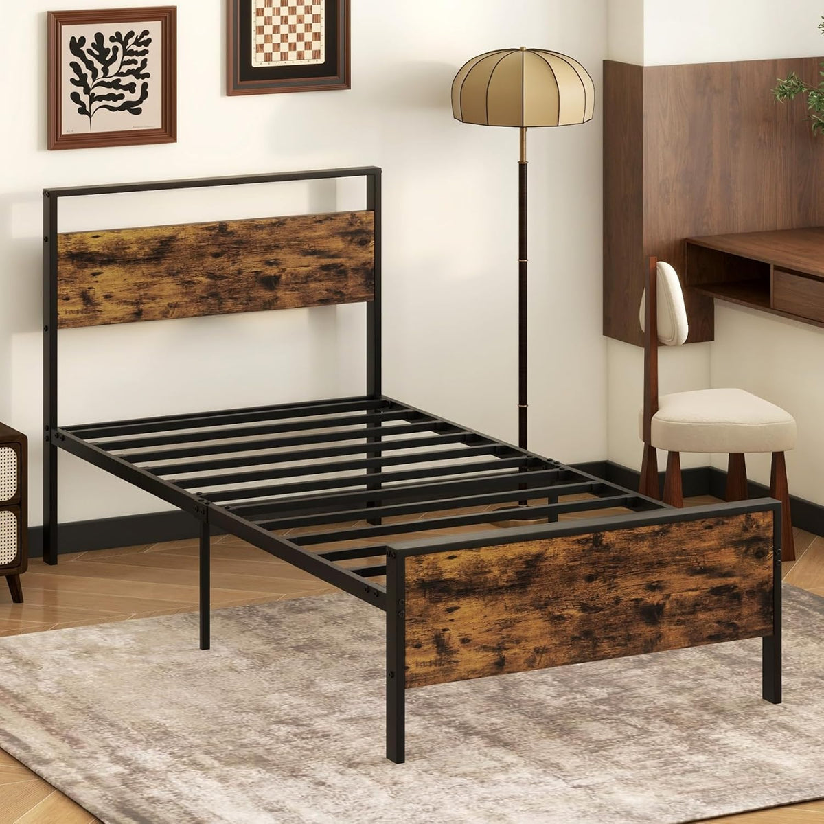 Goflame Twin Size/Full Size/King Size/Queen Metal Platform Bed Frames with Wooden Headboard & Footboard
