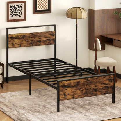 Goflame Twin Size/Full Size/King Size/Queen Metal Platform Bed Frames with Wooden Headboard & Footboard