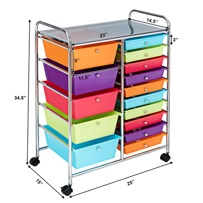 15-Drawer Organizer Cart Office School Rolling Storage Cart - Goflame