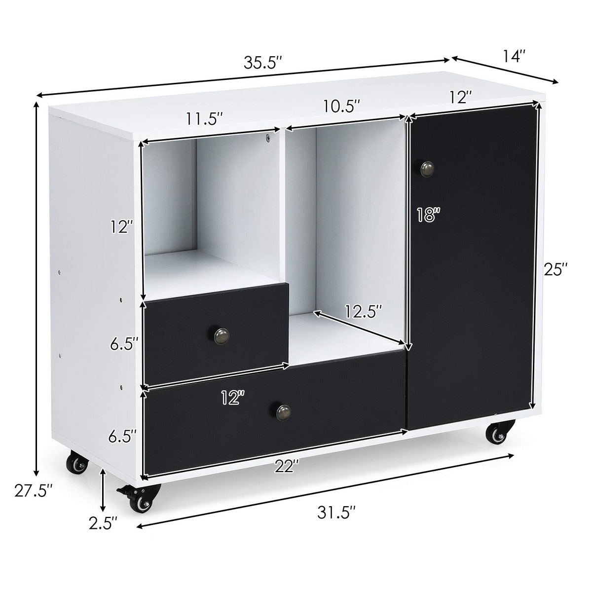 Goflame Lateral File Cabinet 2 Drawer Printer Stand, Rolling Storage Office Cabinet with Lockable Wheels