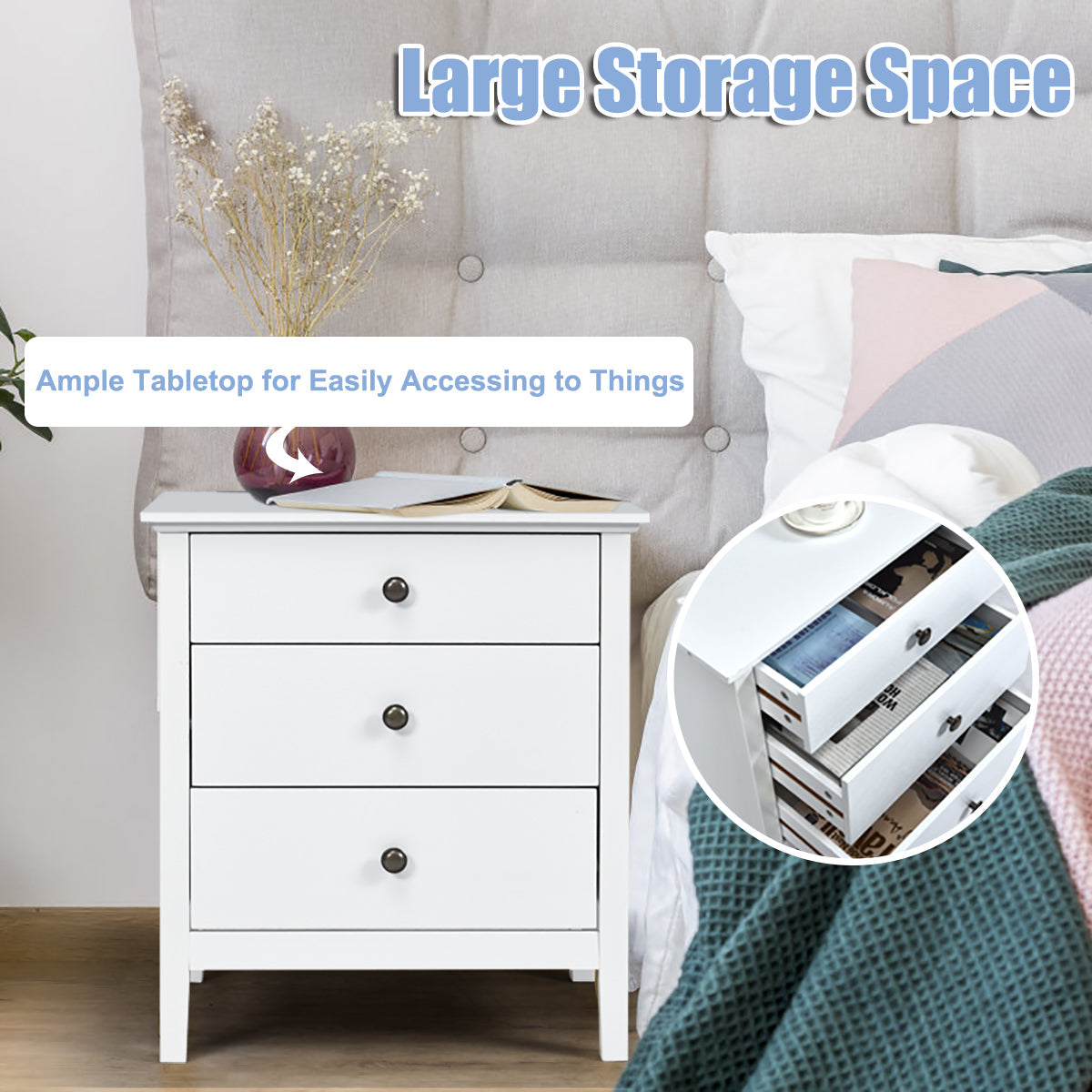 Goflame Nightstand with Drawers Solid Structure Side Table for Storage Bedroom