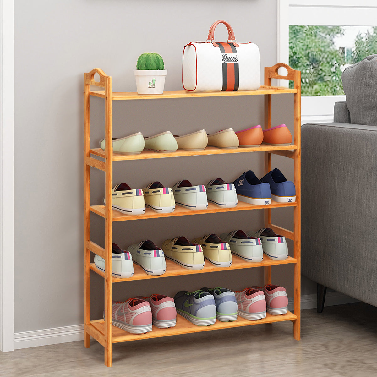 Bamboo Shoe Rack 5 Tier, Freestanding Shoe Rack - Goflameus