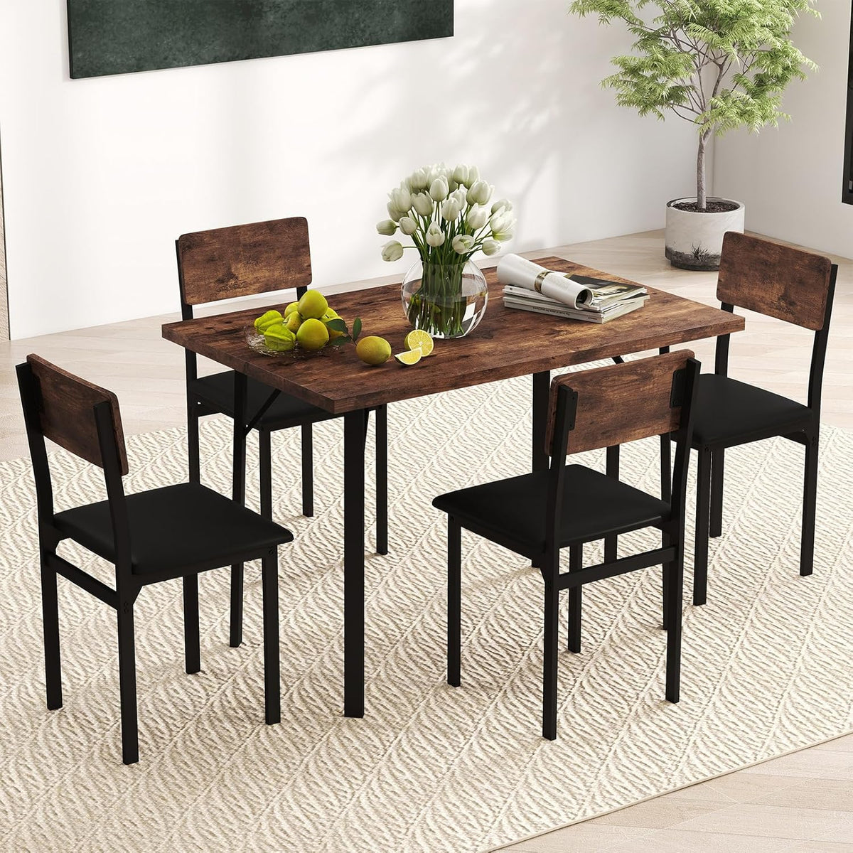 Goflame 5-Piece Dining Table Set for 4 People Industrial Kitchen Table and 4 PU Leather Chairs