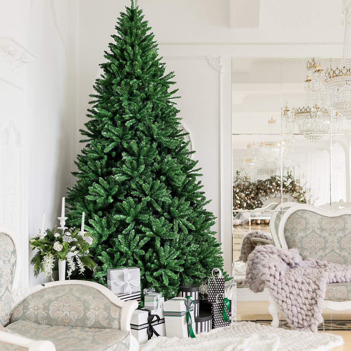 9ft Artificial Douglas Christmas Tree, Unlit Hinged Pine Tree, with 3594 Branch Tips and Solid Metal Stand - GoflameUS