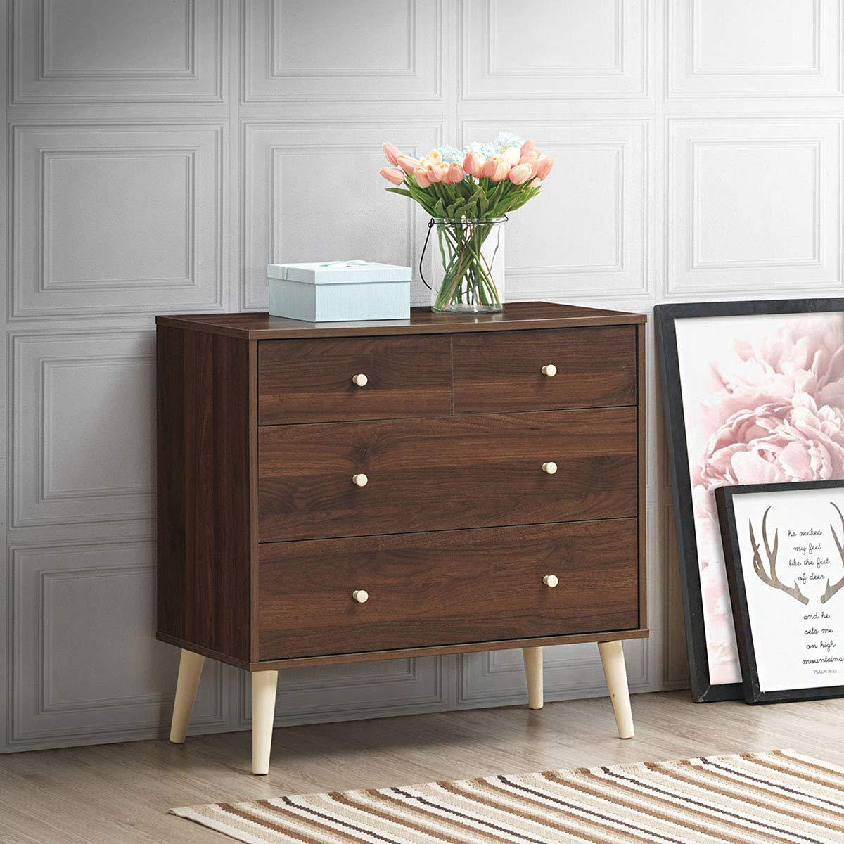 Goflame 4-Drawer Dresser, Free-Standing Chest Wood Legs and Sliding Rail