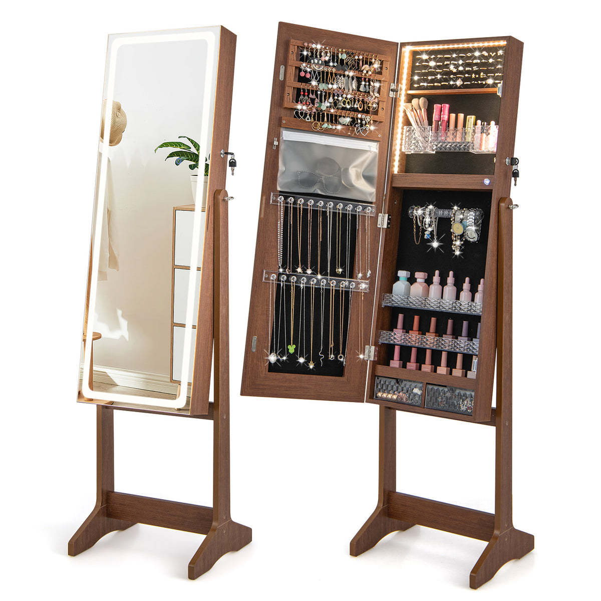 Jewelry Cabinet Armoire with Full Length Mirror, Freestanding Jewelry Cabinet with 3-Color LED Lights