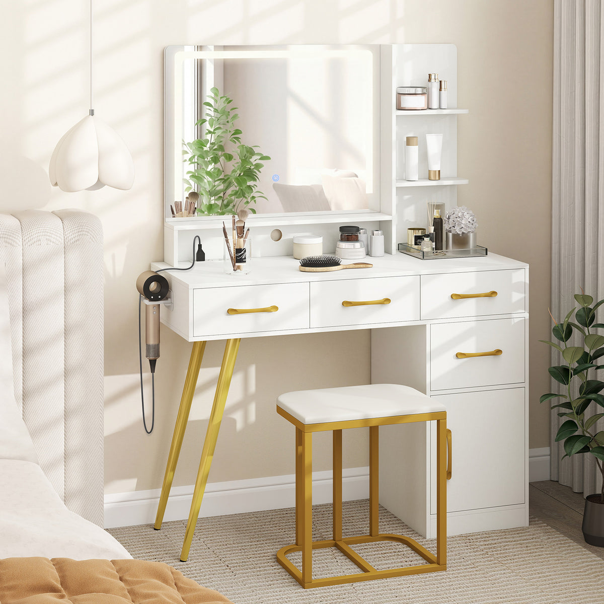 Vanity Desk with Mirror LED Light & Power Outlet, Modern Makeup Vanity Set with 3-Tier Shelves