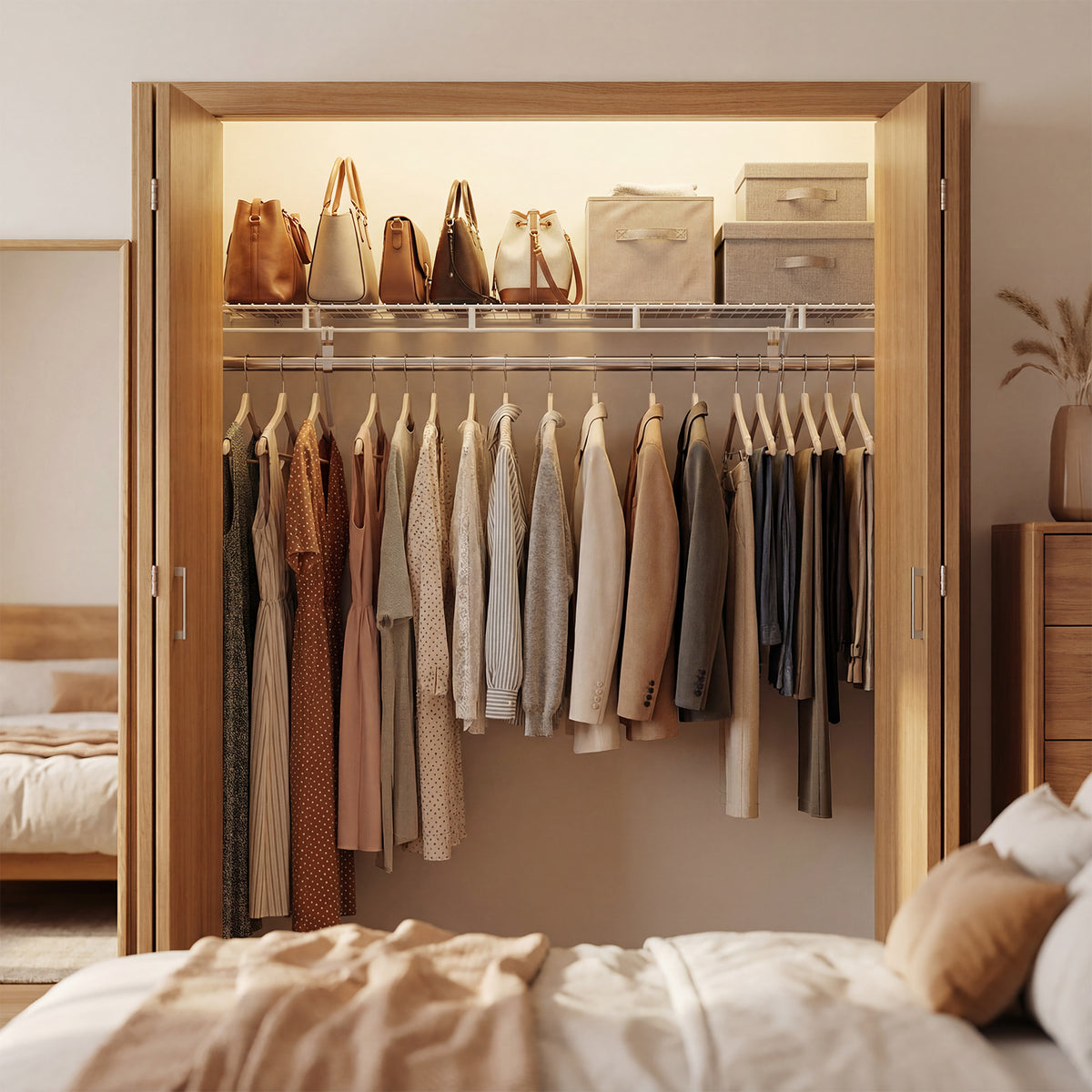 Wall Mounted Closet Shelf with Hanging Rod, 4 ft x 12” Metal Wire Storage Shelf & Clothes Rod Organizer
