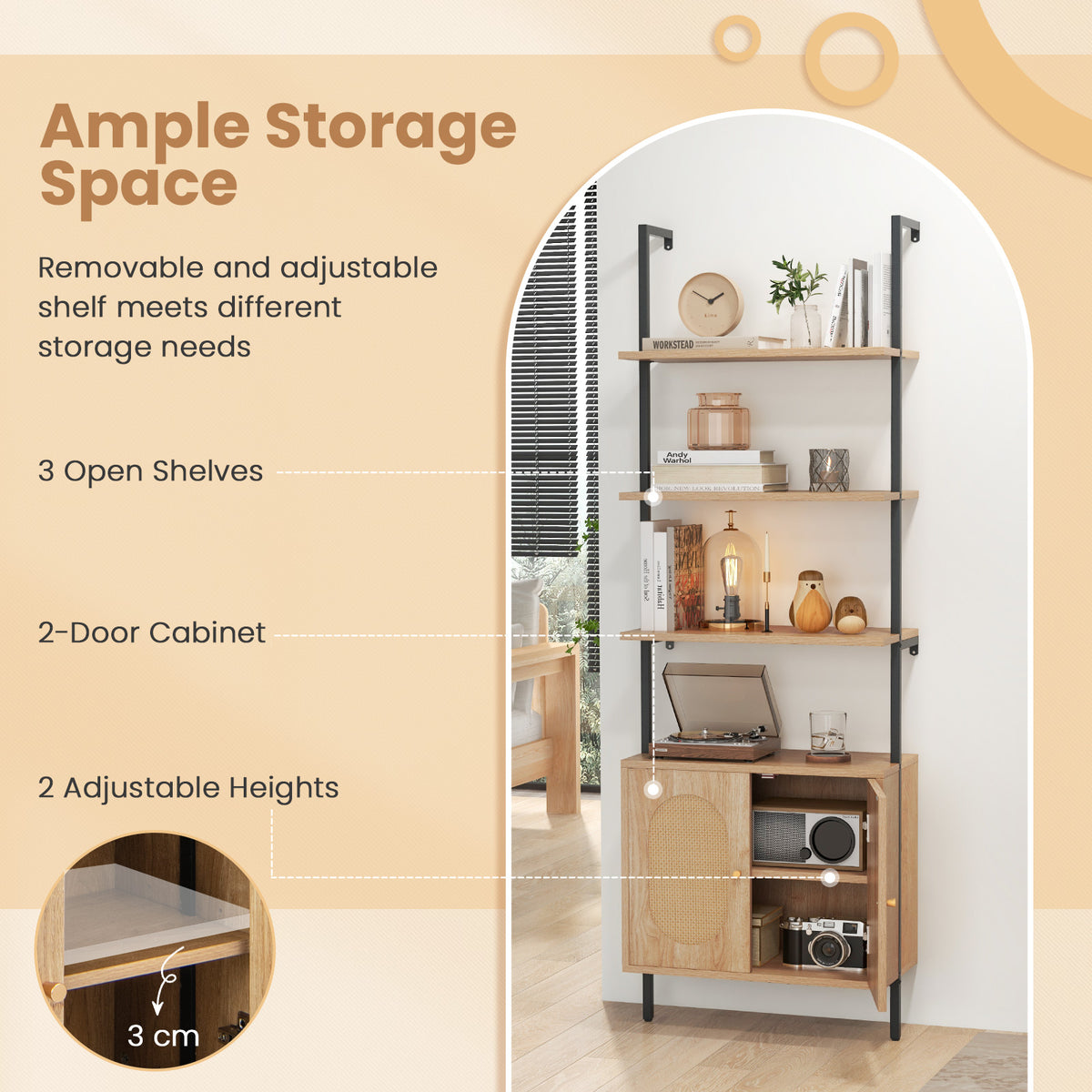 72.5'' Tall Bookshelf with Cabinet, 4-Tier Wall Mount Ladder Shelf with Rattan Cabinet