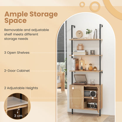 72.5'' Tall Bookshelf with Cabinet, 4-Tier Wall Mount Ladder Shelf with Rattan Cabinet