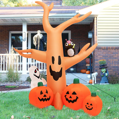 8 FT Halloween Inflatable Dead Tree with Pumpkins, Ghost and Owl, Blow up Yard Scary Tree with Bright LED Lights