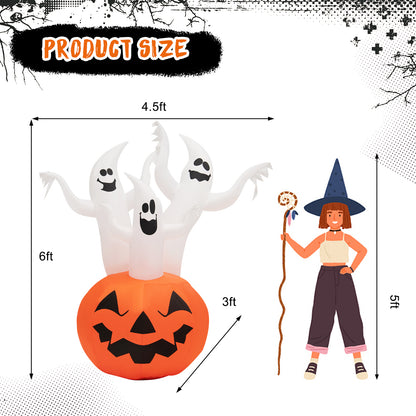 6FT Halloween Inflatable 3 Ghosts in Pumpkin, Blow Up Yard Decoration with Built-in LED Lights & Blower